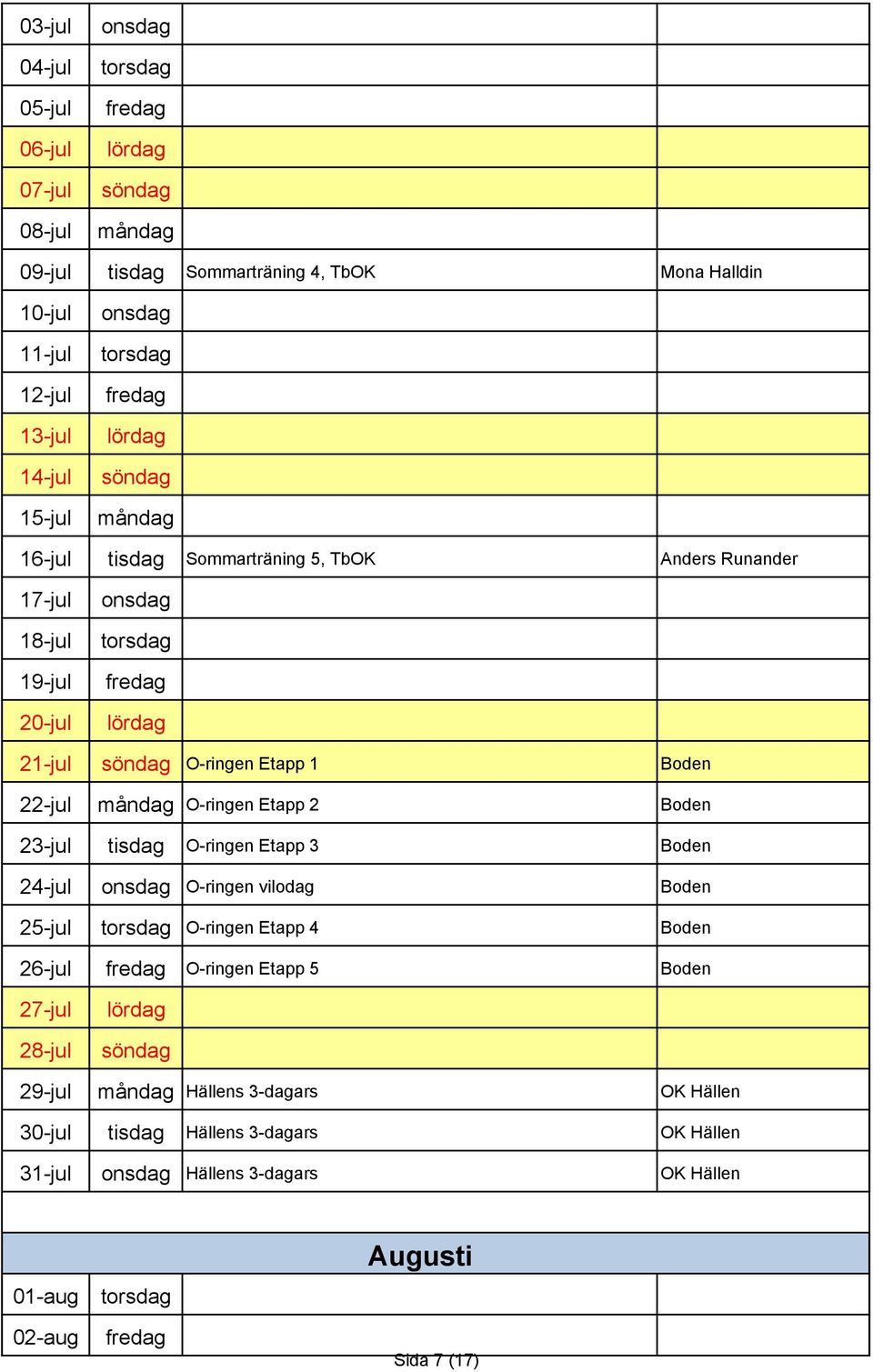 Boden 23-jul tisdag O-ringen Etapp 3 Boden 24-jul O-ringen vilodag Boden 25-jul O-ringen Etapp 4 Boden 26-jul O-ringen Etapp 5 Boden