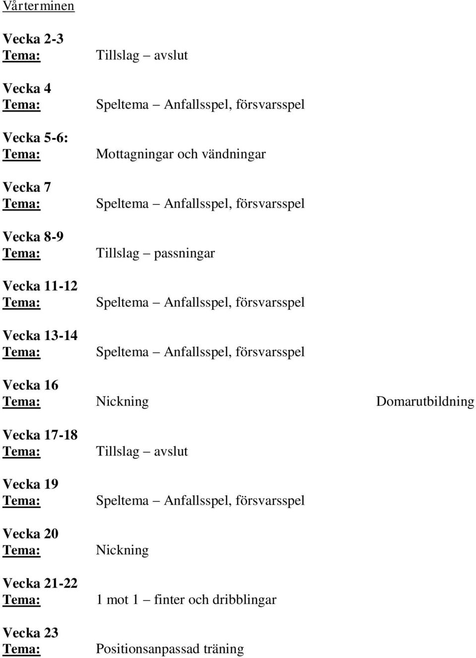 Anfallsspel, försvarsspel Speltema Anfallsspel, försvarsspel Vecka 16 Domarutbildning Vecka