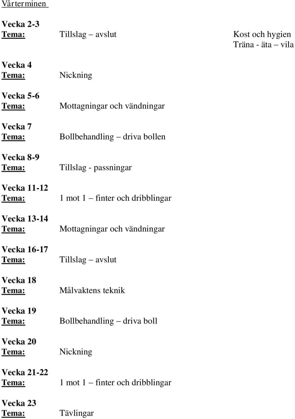 Vecka 19 Vecka 20 Vecka 21-22 Vecka 23 Bollbehandling driva bollen