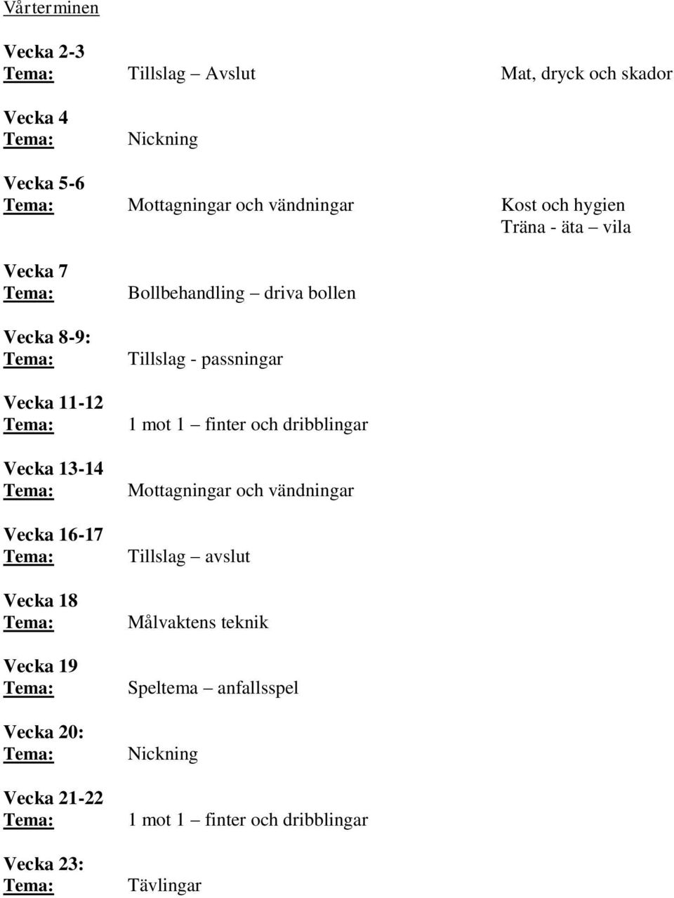 Vecka 16-17 Vecka 18 Vecka 19 Vecka 20: Vecka 21-22 Vecka 23: Bollbehandling