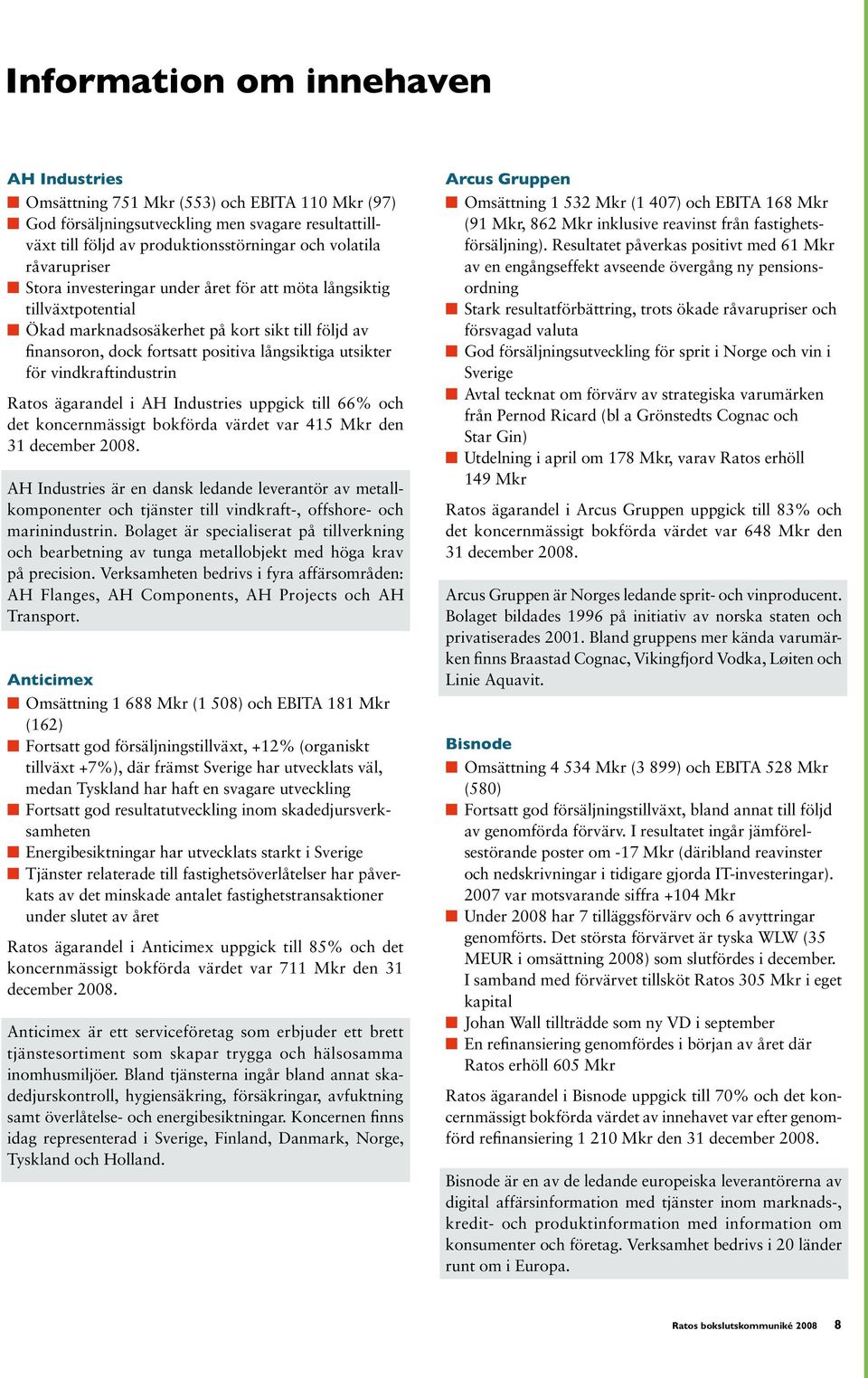 vindkraftindustrin Ratos ägarandel i AH Industries uppgick till 66% och det koncernmässigt bokförda värdet var 415 Mkr den 31 december 2008.