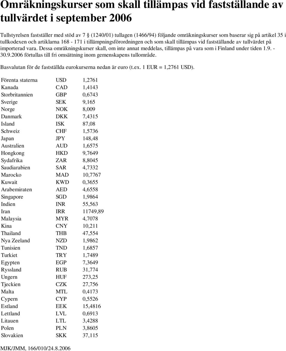 Basvalutan för de fastställda eurokurserna nedan är euro (t.ex. 1 EUR = 1,2761 USD).