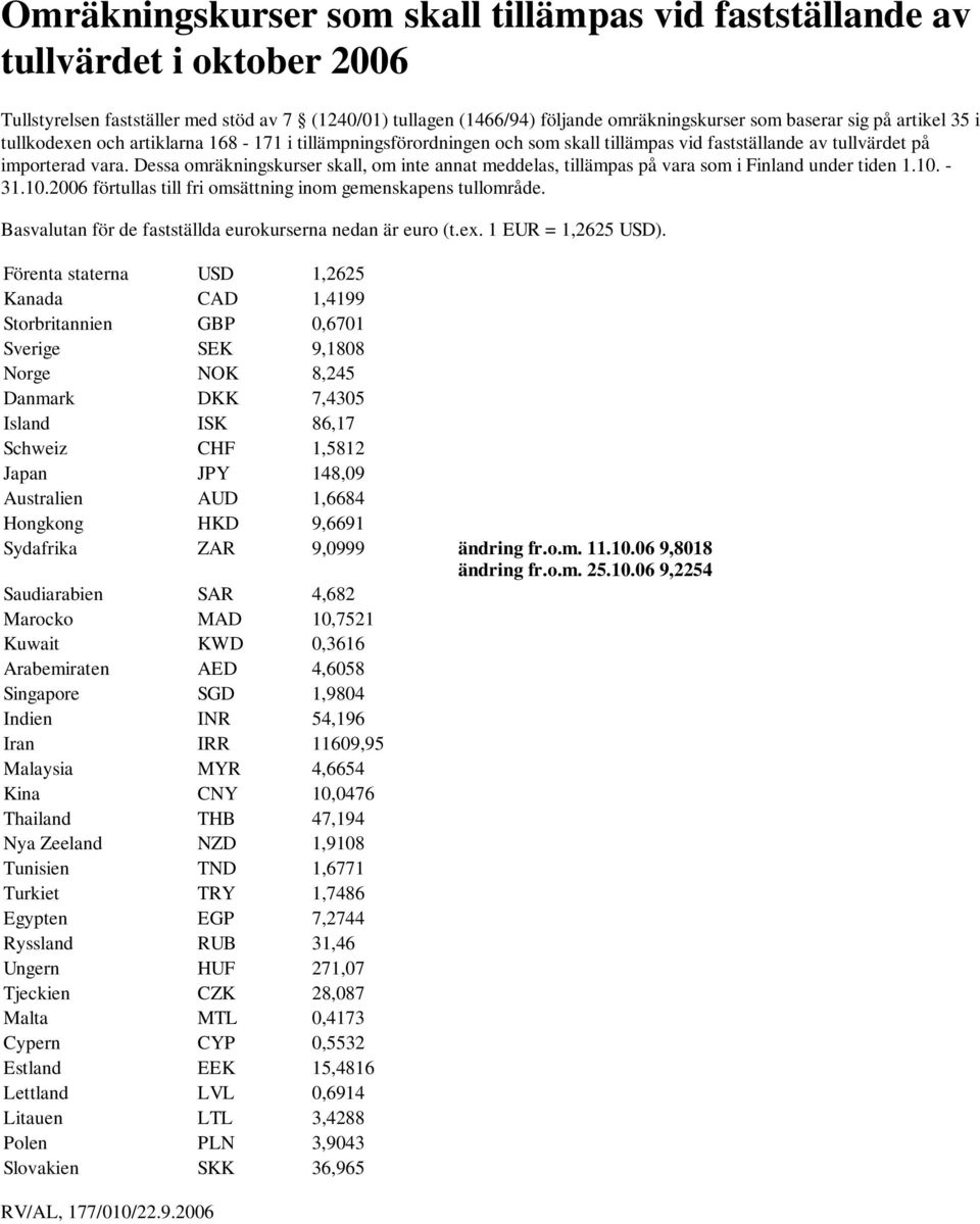 Basvalutan för de fastställda eurokurserna nedan är euro (t.ex. 1 EUR = 1,2625 USD).