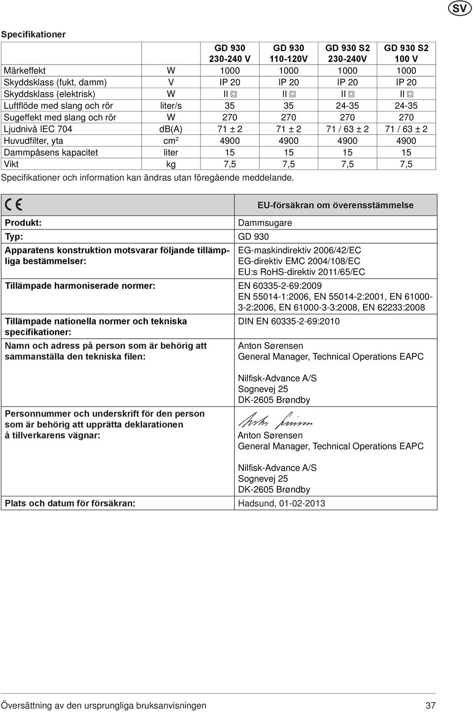 4900 4900 Dammpåsens kapacitet liter 15 15 15 15 Vikt kg 7,5 7,5 7,5 7,5 Specifikationer och information kan ändras utan föregående meddelande.