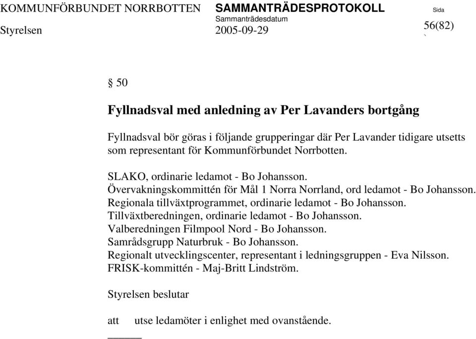 Regionala tillväxtprogrammet, ordinarie ledamot - Bo Johansson. Tillväxtberedningen, ordinarie ledamot - Bo Johansson. Valberedningen Filmpool Nord - Bo Johansson.