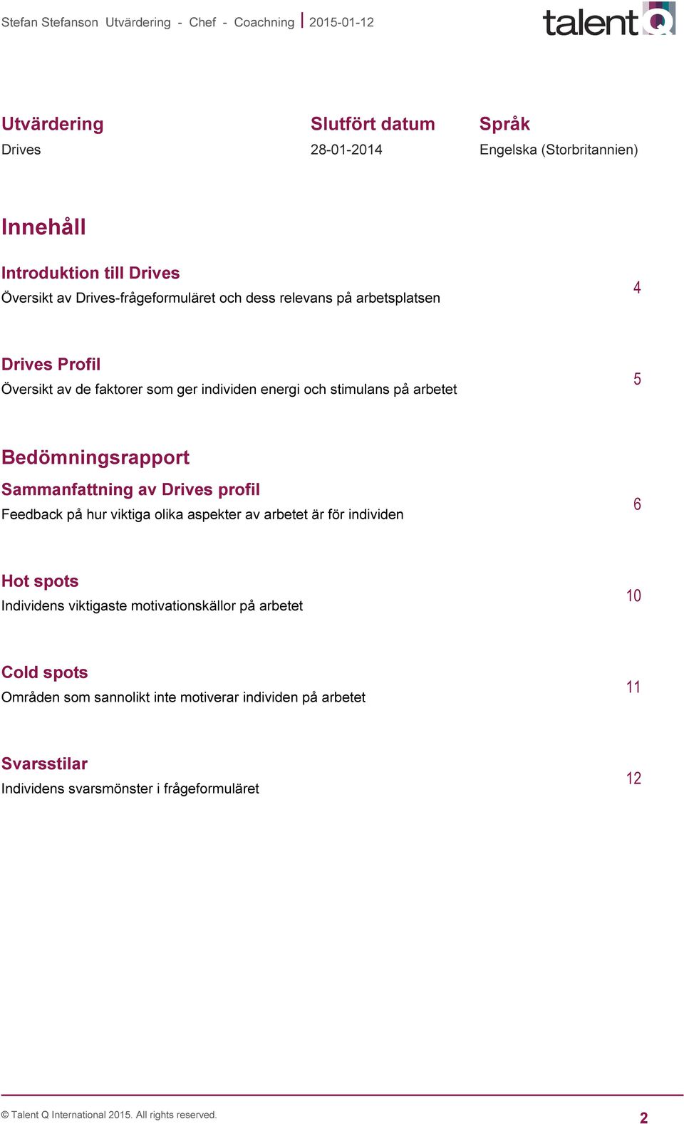 Sammanfattning av Drives profil Feedback på hur viktiga olika aspekter av arbetet är för individen 6 Hot spots Individens viktigaste