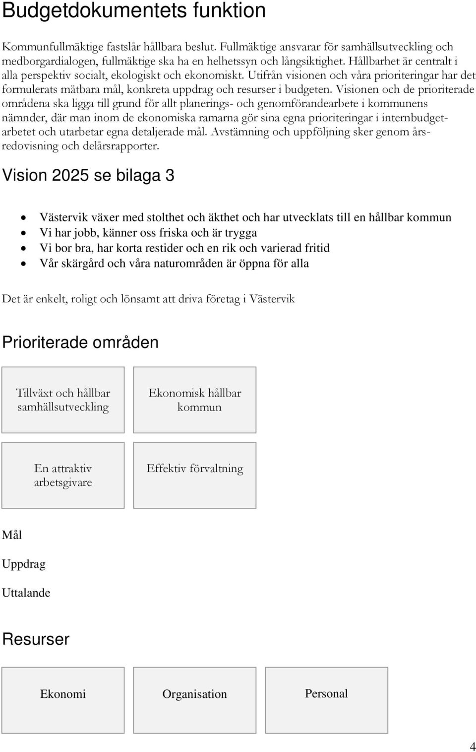 Visionen och de prioriterade områdena ska ligga till grund för allt planerings- och genomförandearbete i kommunens nämnder, där man inom de ekonomiska ramarna gör sina egna prioriteringar i