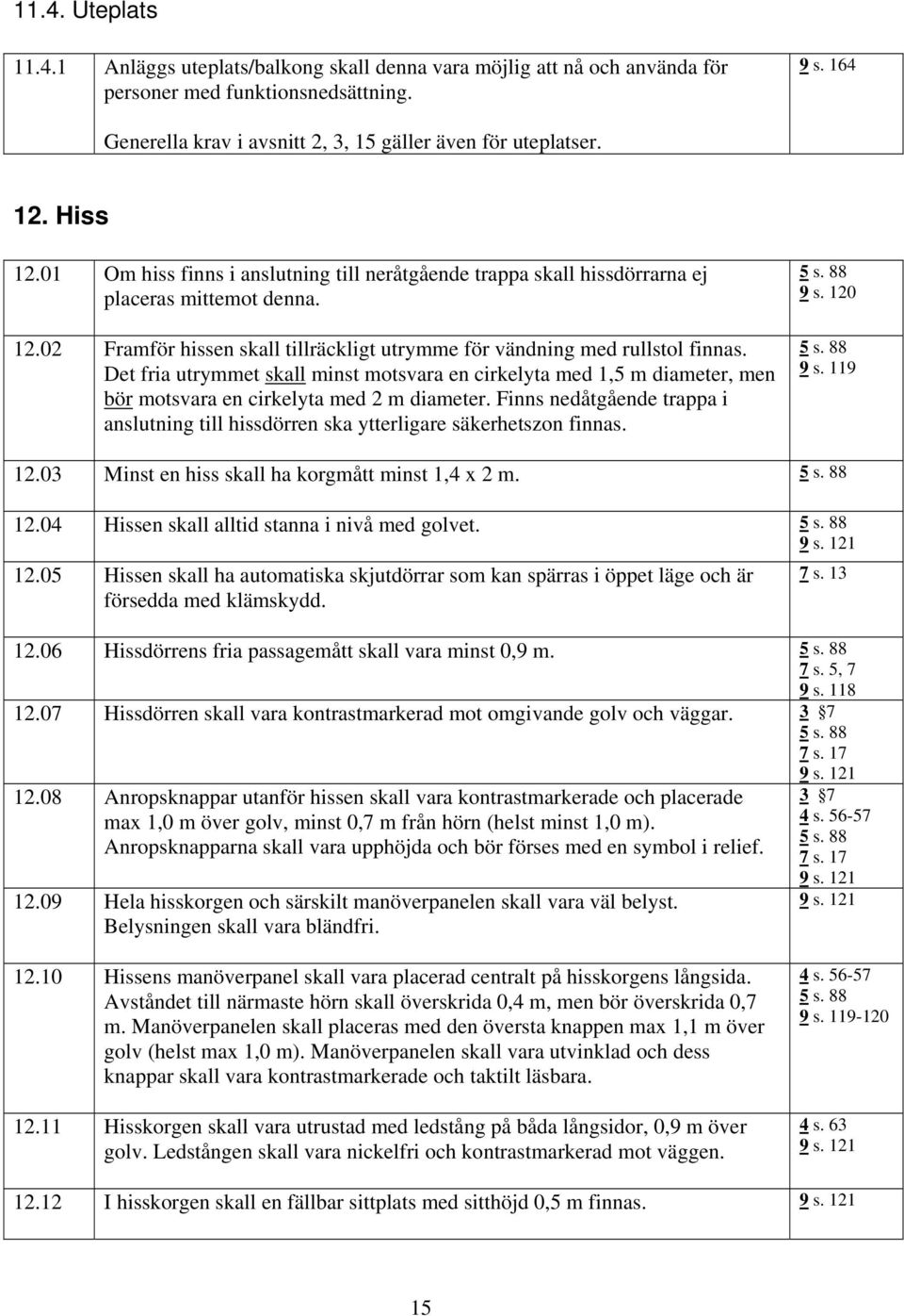 Det fria utrymmet skall minst motsvara en cirkelyta med 1,5 m diameter, men bör motsvara en cirkelyta med 2 m diameter.