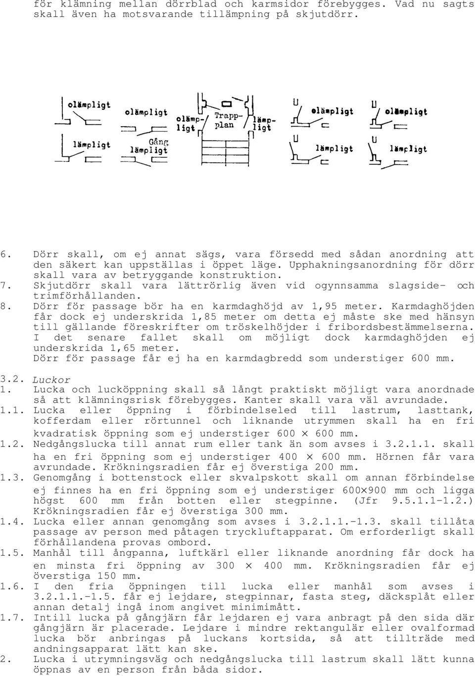 Skjutdörr skall vara lättrörlig även vid ogynnsamma slagside- och trimförhållanden. 8. Dörr för passage bör ha en karmdaghöjd av 1,95 meter.