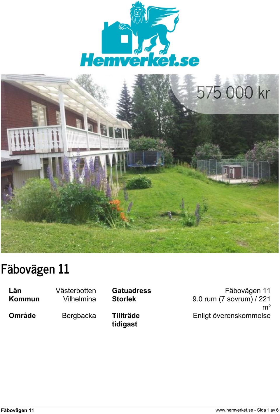 0 rum (7 sovrum) / 221 m² Område Bergbacka