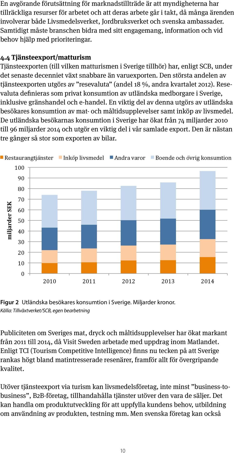 4 Tjänsteexport/matturism Tjänsteexporten (till vilken matturismen i Sverige tillhör) har, enligt SCB, under det senaste decenniet växt snabbare än varuexporten.