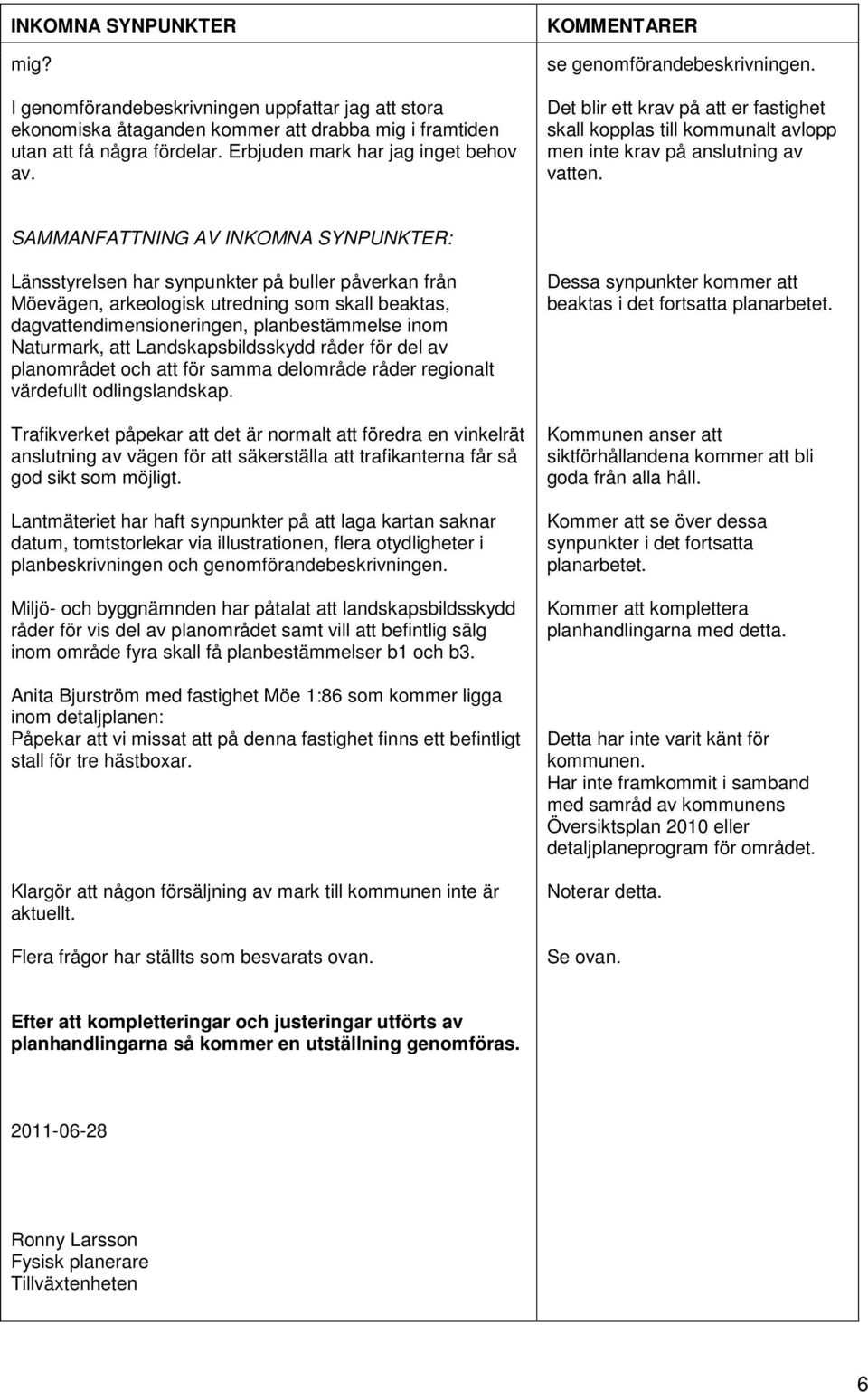 SAMMANFATTNING AV INKOMNA SYNPUNKTER: Länsstyrelsen har synpunkter på buller påverkan från Möevägen, arkeologisk utredning som skall beaktas, dagvattendimensioneringen, planbestämmelse inom