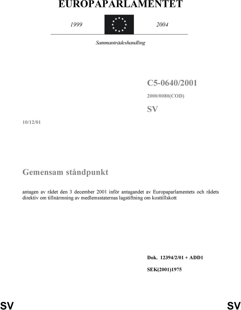 antagandet av Europaparlamentets och rådets direktiv om tillnärmning av