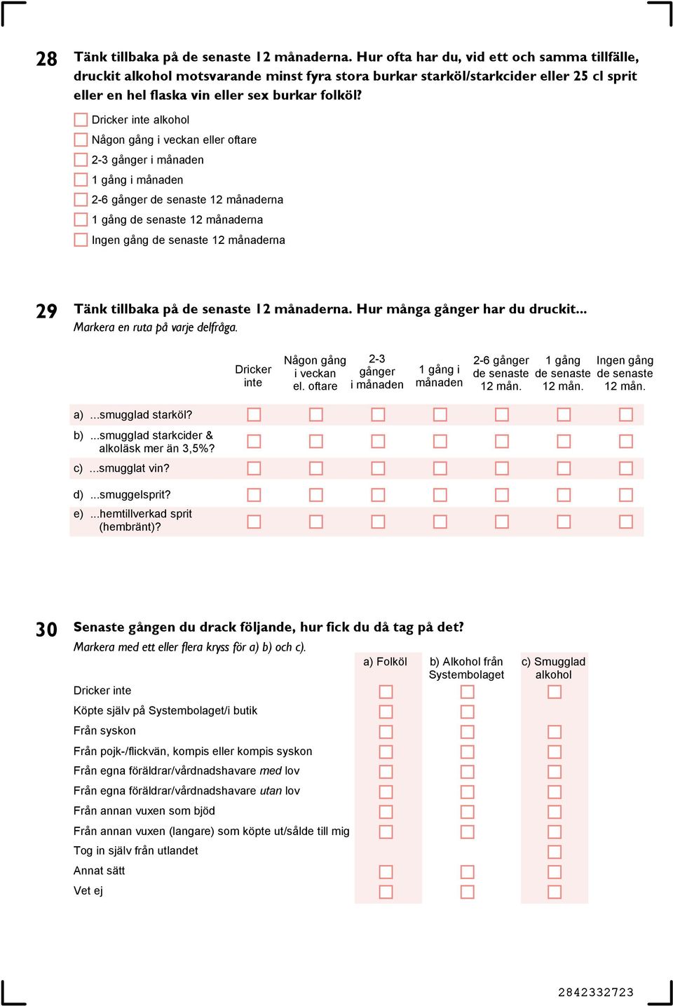 Dricker inte alkohol Någon gång i veckan eller oftare 2-3 gånger i månaden 1 gång i månaden 2-6 gånger de senaste 12 månaderna 1 gång de senaste 12 månaderna Ingen gång de senaste 12 månaderna 29