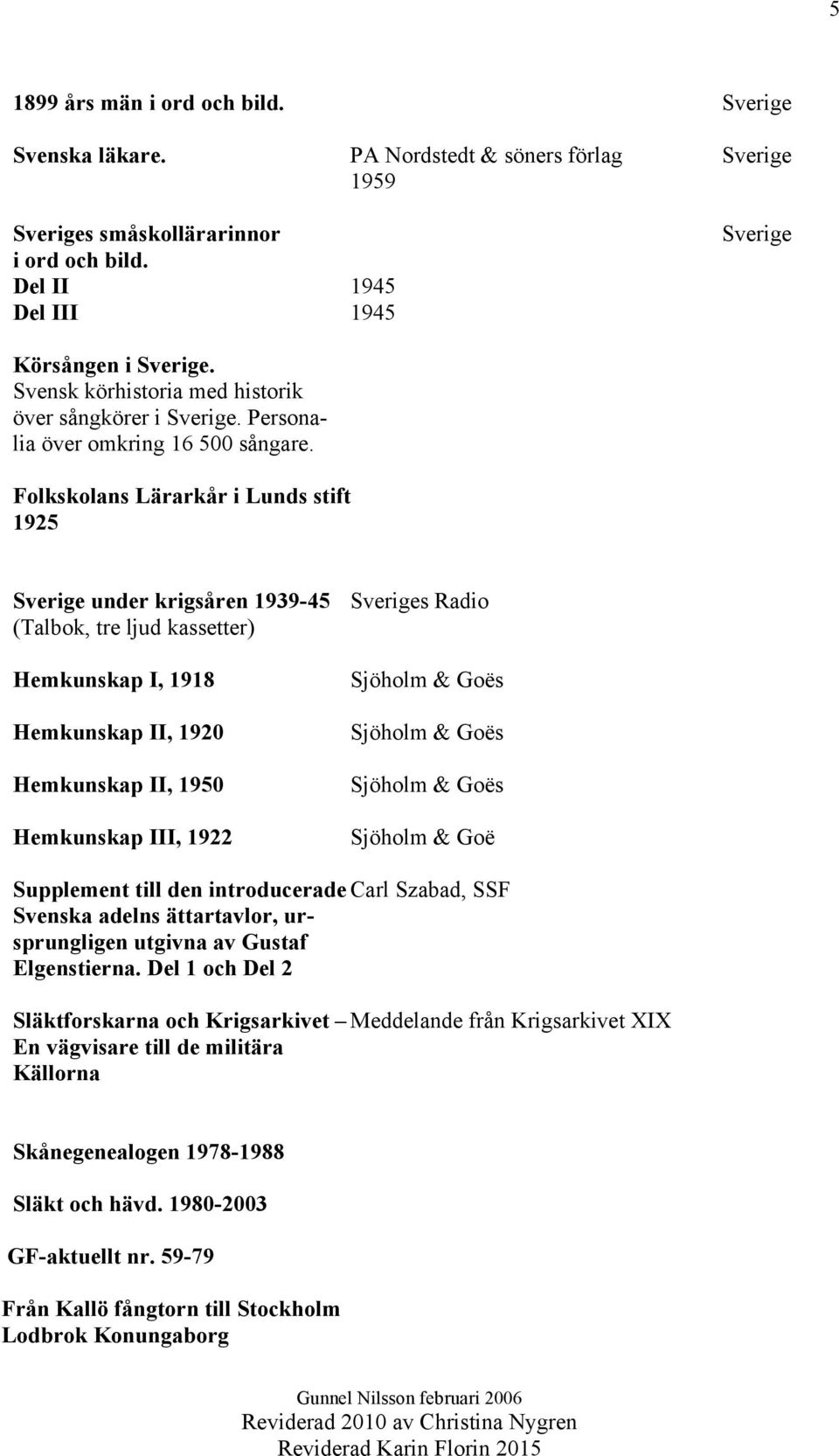 Folkskolans Lärarkår i Lunds stift 1925 Sverige under krigsåren 1939-45 Sveriges Radio (Talbok, tre ljud kassetter) Hemkunskap I, 1918 Hemkunskap II, 1920 Hemkunskap II, 1950 Hemkunskap III, 1922