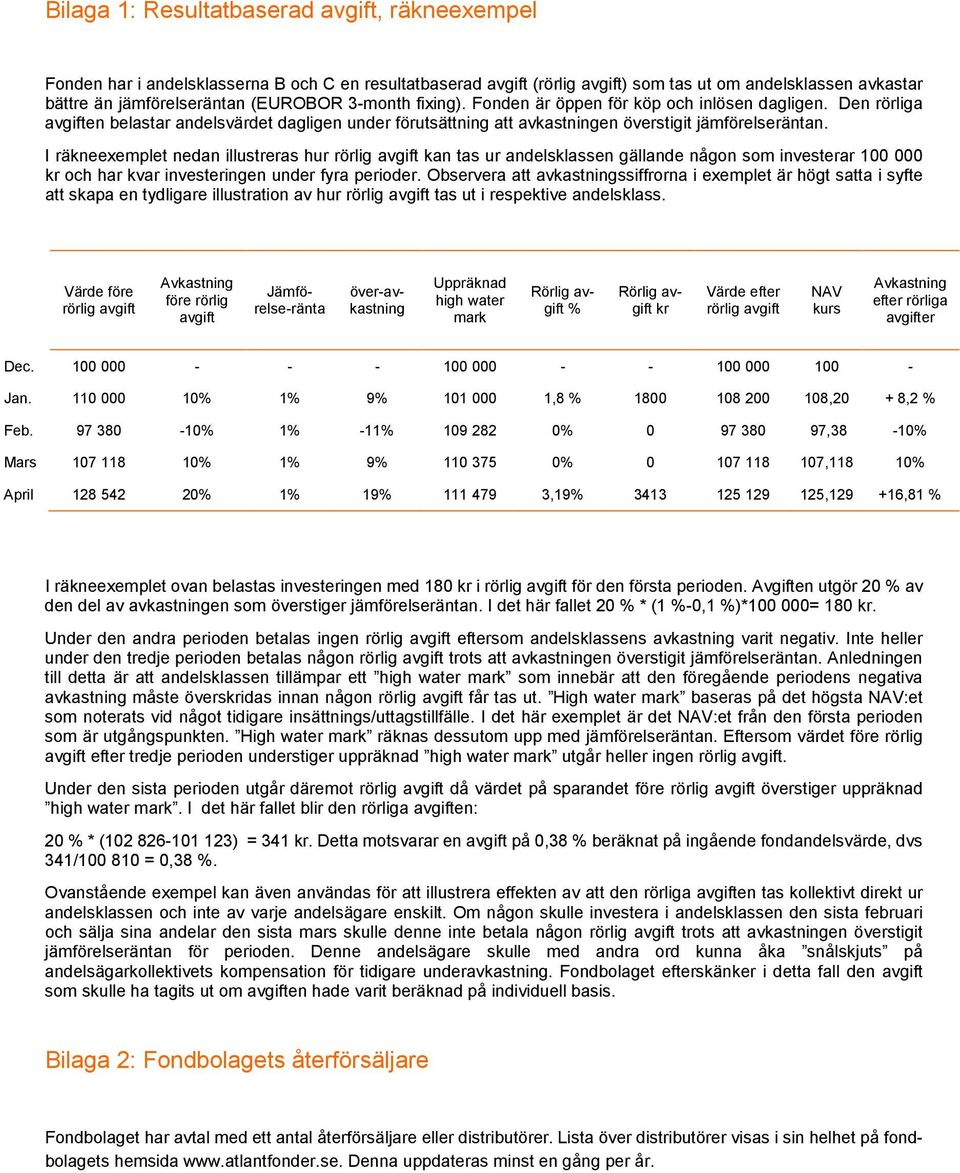 I räkneexemplet nedan illustreras hur rörlig avgift kan tas ur andelsklassen gällande någon som investerar 100 000 kr och har kvar investeringen under fyra perioder.