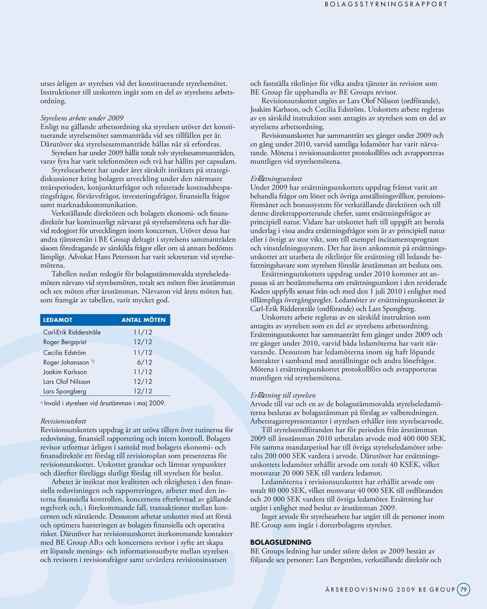 Därutöver ska styrelsesammanträde hållas när så erfordras. Styrelsen har under 2009 hållit totalt tolv styrelsesammanträden, varav fyra har varit telefonmöten och två har hållits per capsulam.