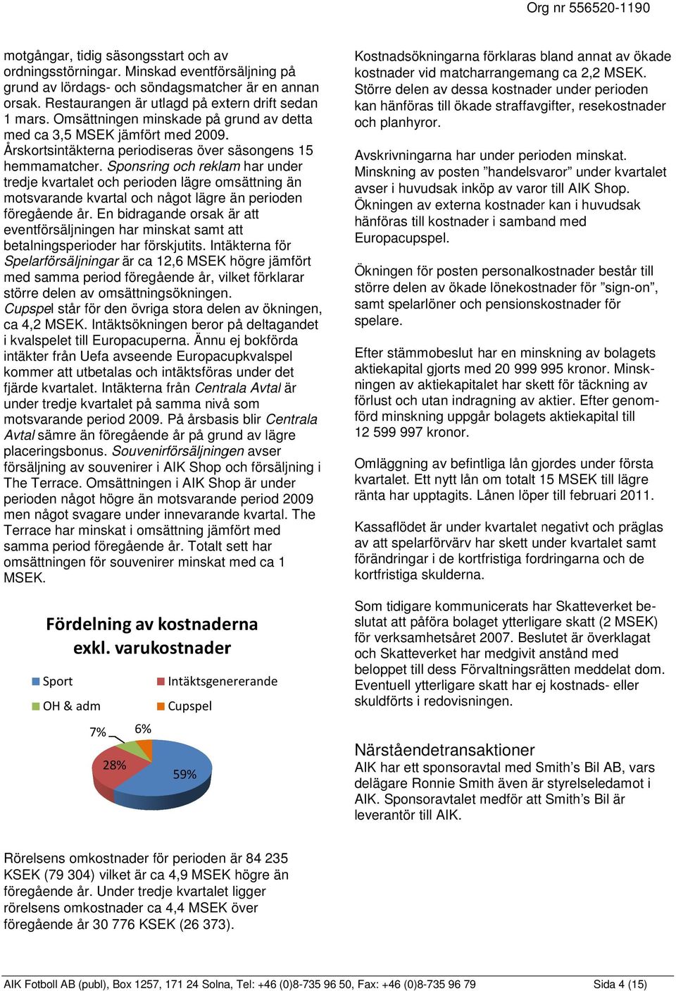 Sponsring och reklam har under tredje kvartalet och perioden lägre omsättning än motsvarande kvartal och något lägre än perioden föregående år.