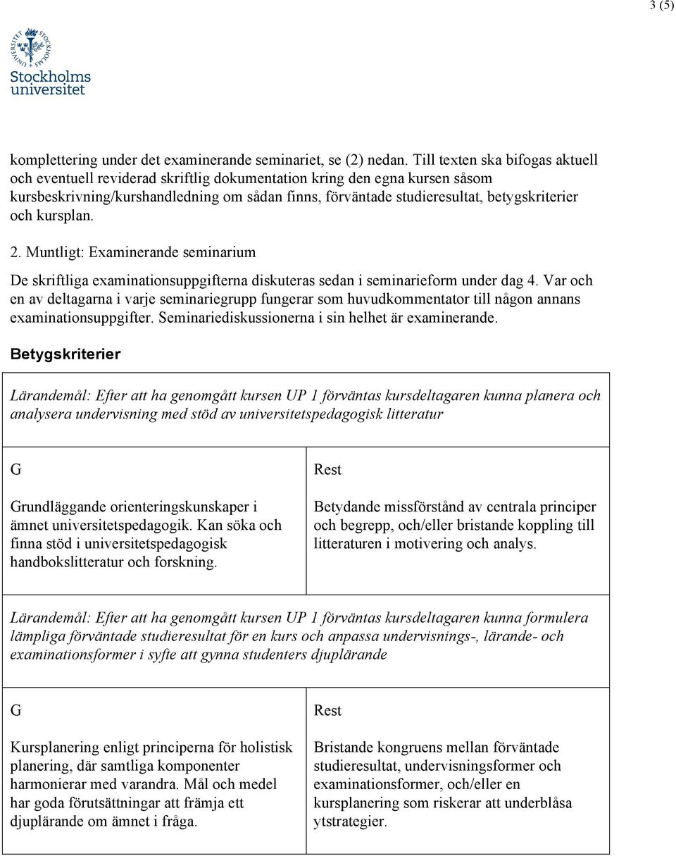 och kursplan. 2. Muntligt: Examinerande seminarium De skriftliga examinationsuppgifterna diskuteras sedan i seminarieform under dag 4.