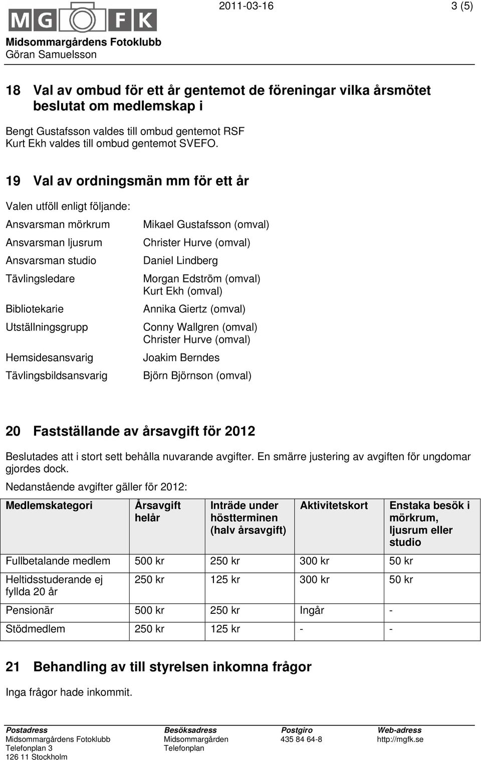 Tävlingsbildsansvarig Mikael Gustafsson (omval) Christer Hurve (omval) Daniel Lindberg Morgan Edström (omval) Kurt Ekh (omval) Annika Giertz (omval) Conny Wallgren (omval) Christer Hurve (omval)