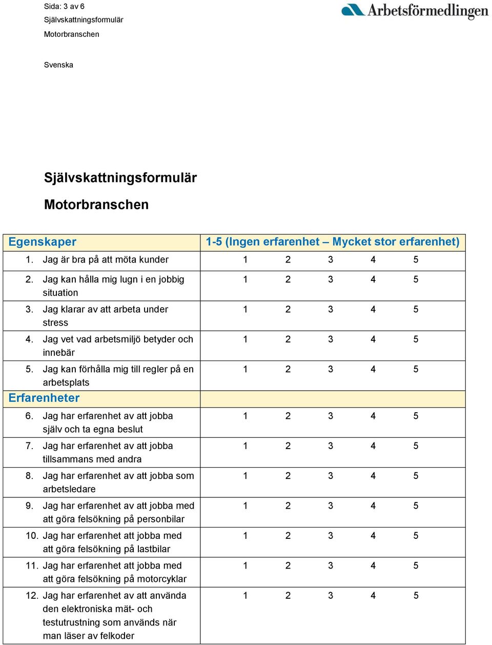 Jag har erfarenhet av att jobba tillsammans med andra 8. Jag har erfarenhet av att jobba som arbetsledare 9. Jag har erfarenhet av att jobba med att göra felsökning på personbilar 10.