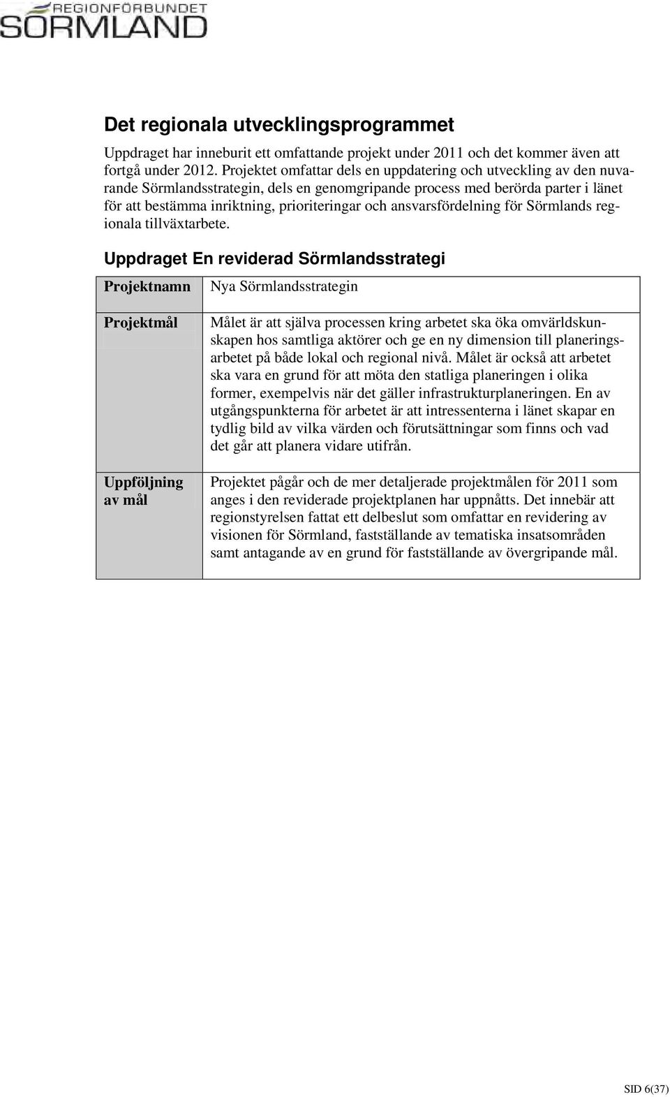 ansvarsfördelning för Sörmlands regionala tillväxtarbete.