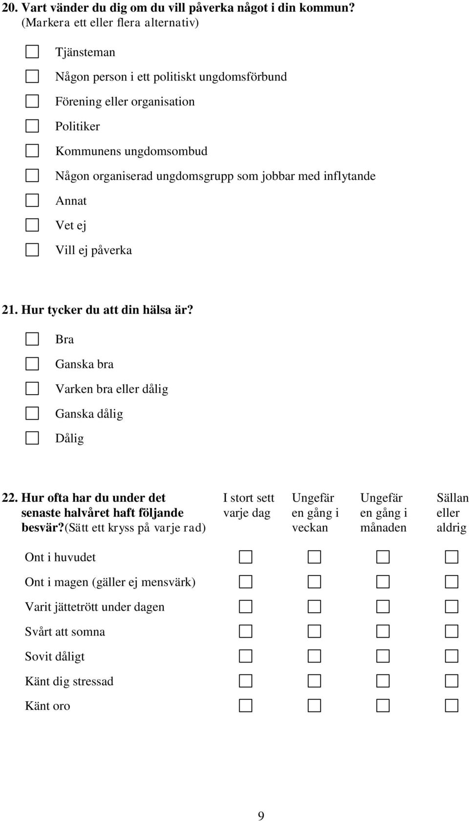 ungdomsgrupp som jobbar med inflytande Annat Vet ej Vill ej påverka 21. Hur tycker du att din hälsa är? Bra Ganska bra Varken bra eller dålig Ganska dålig Dålig 22.