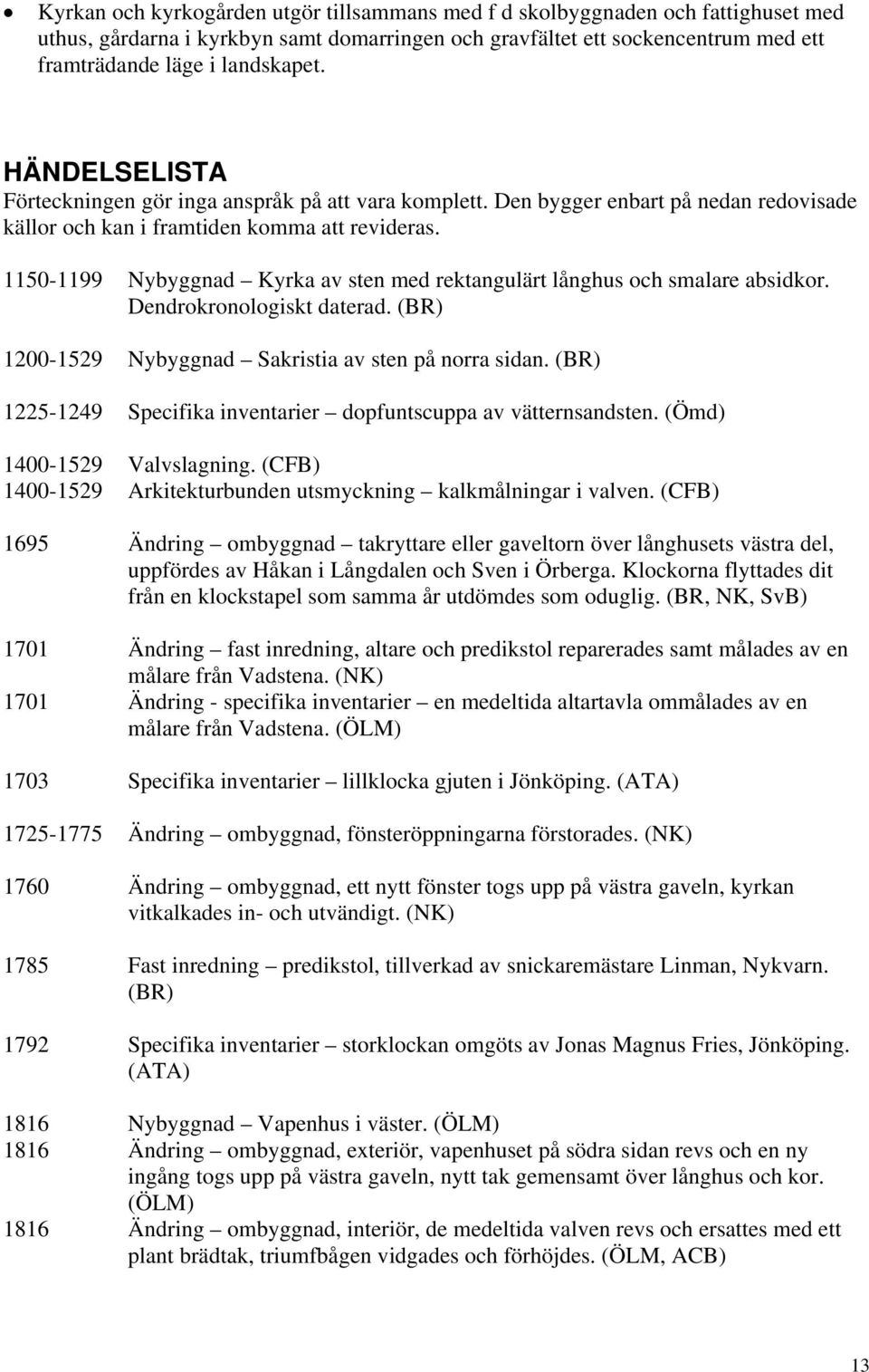 1150-1199 Nybyggnad Kyrka av sten med rektangulärt långhus och smalare absidkor. Dendrokronologiskt daterad. (BR) 1200-1529 Nybyggnad Sakristia av sten på norra sidan.