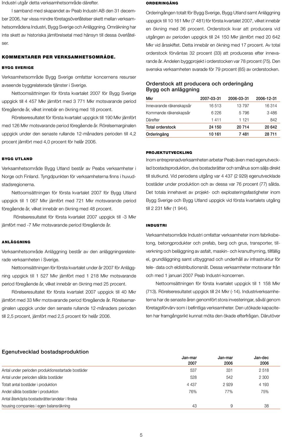 Omräkning har inte skett av historiska jämförelsetal med hänsyn till dessa överlåtelser. Kommentarer per verksamhetsområde.