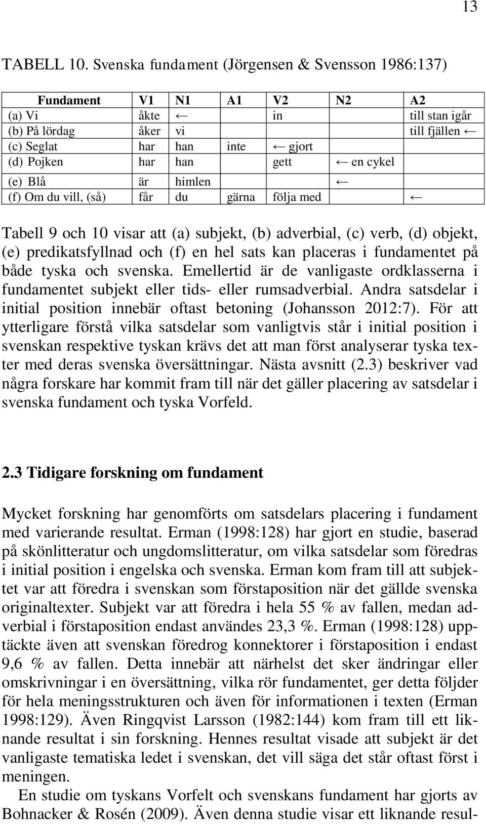 cykel (e) Blå är himlen (f) Om du vill, (så) får du gärna följa med Tabell 9 och 10 visar att (a) subjekt, (b) adverbial, (c) verb, (d) objekt, (e) predikatsfyllnad och (f) en hel sats kan placeras i