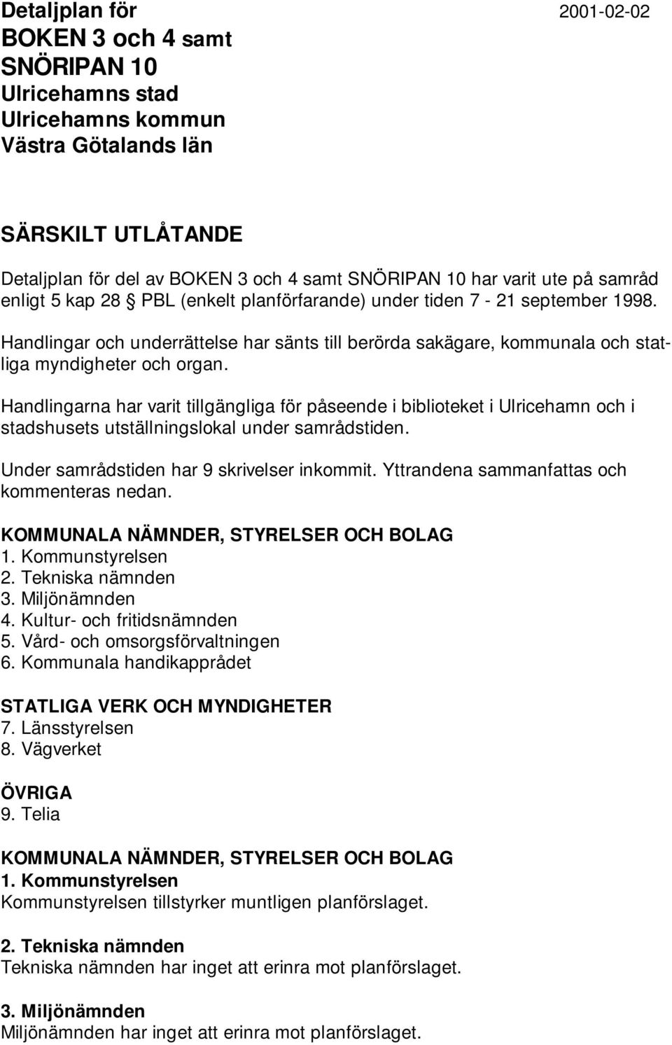 Handlingarna har varit tillgängliga för påseende i biblioteket i Ulricehamn och i stadshusets utställningslokal under samrådstiden. Under samrådstiden har 9 skrivelser inkommit.