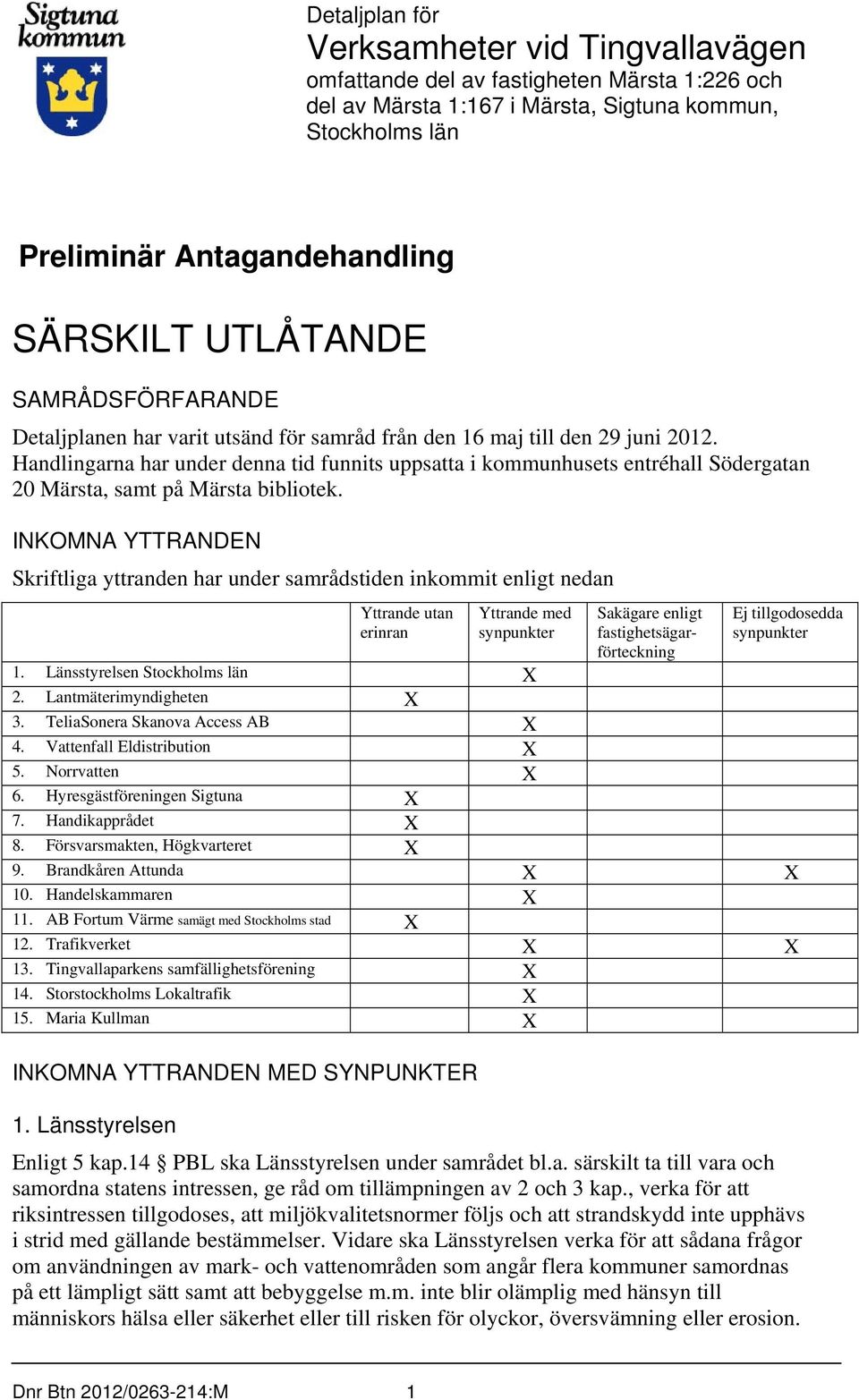 Handlingarna har under denna tid funnits uppsatta i kommunhusets entréhall Södergatan 20 Märsta, samt på Märsta bibliotek.