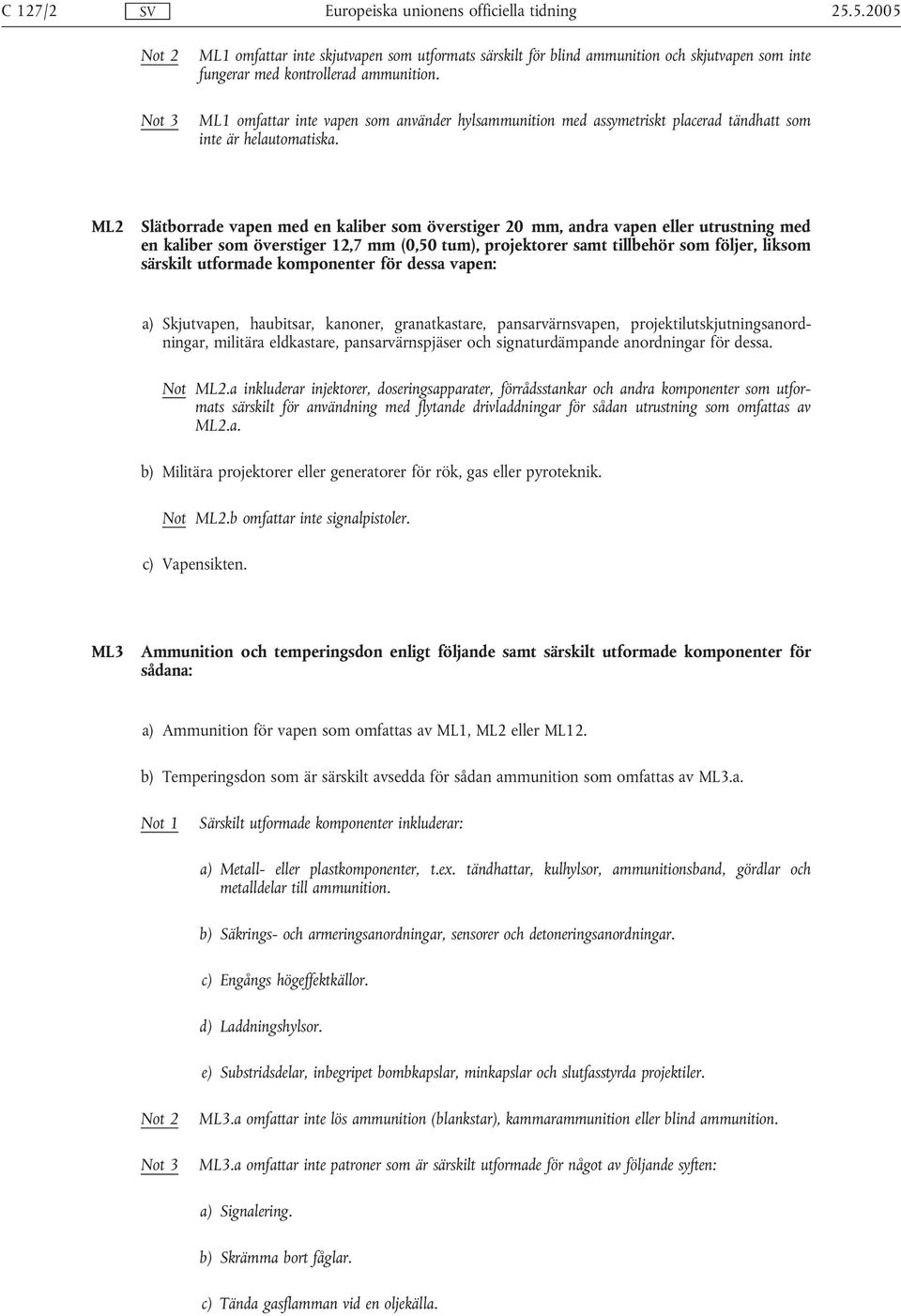 ML2 Slätborrade vapen med en kaliber som överstiger 20 mm, andra vapen eller utrustning med en kaliber som överstiger 12,7 mm (0,50 tum), projektorer samt tillbehör som följer, liksom särskilt