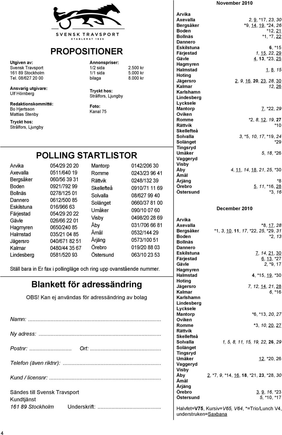 0921/792 99 Bollnäs 0278/125 01 Dannero 0612/500 85 Eskilstuna 016/966 63 Färjestad 054/29 20 22 Gävle 026/66 22 01 Hagmyren 0650/240 85 Halmstad 035/21 04 85 Jägersro 040/671 82 51 Kalmar 0480/44 35