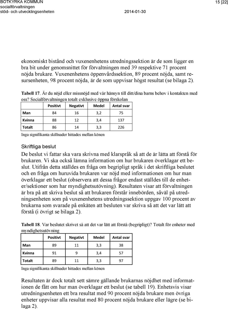 Tabell 17. Är du nöjd eller missnöjd med vår hänsyn till ditt/dina barns behov i kontakten med oss?