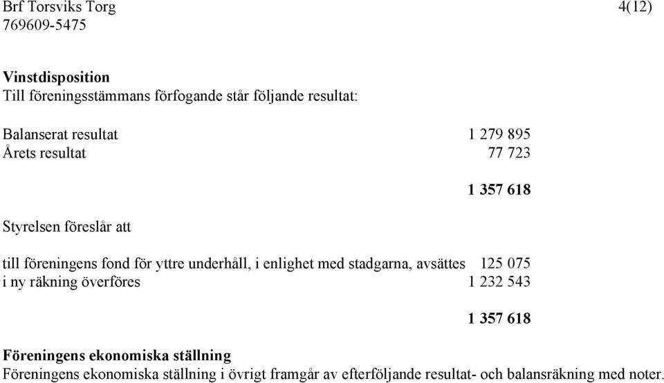 underhåll, i enlighet med stadgarna, avsättes 125 075 i ny räkning överföres 1 232 543 1 357 618 Föreningens