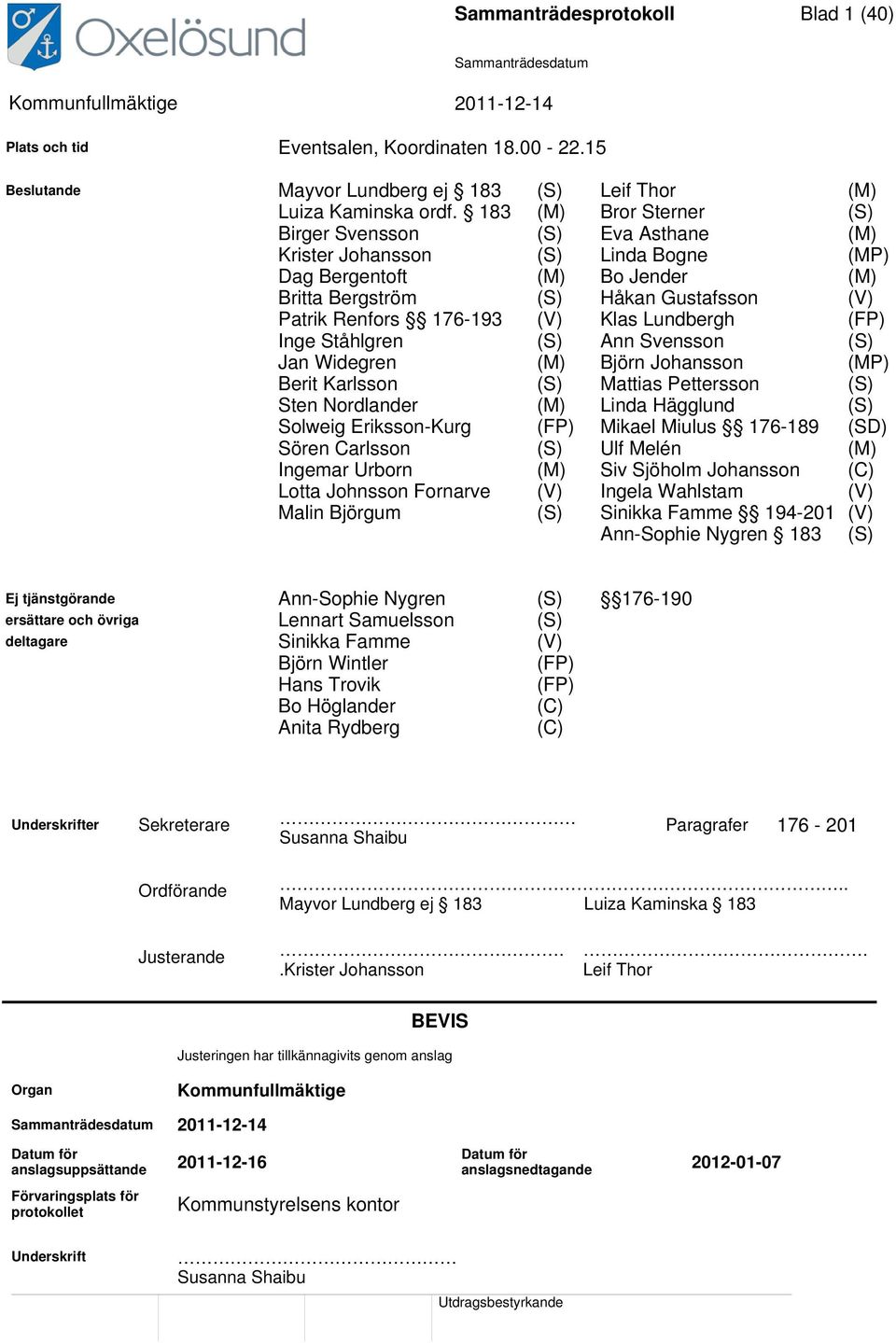 (V) Klas Lundbergh (FP) Inge Ståhlgren (S) Ann Svensson (S) Jan Widegren (M) Björn Johansson (MP) Berit Karlsson (S) Mattias Pettersson (S) Sten Nordlander (M) Linda Hägglund (S) Solweig