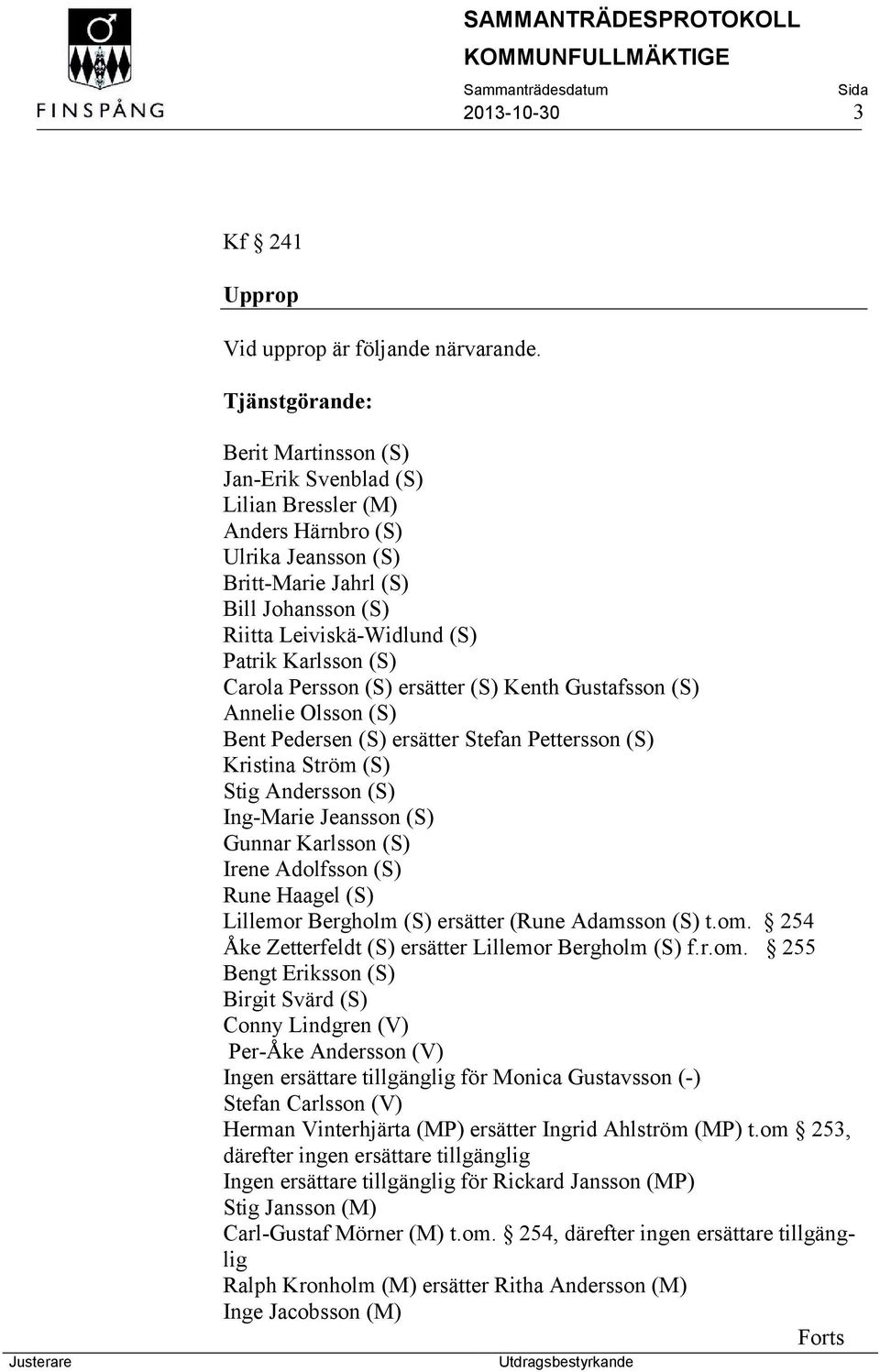 Karlsson (S) Carola Persson (S) ersätter (S) Kenth Gustafsson (S) Annelie Olsson (S) Bent Pedersen (S) ersätter Stefan Pettersson (S) Kristina Ström (S) Stig Andersson (S) Ing-Marie Jeansson (S)