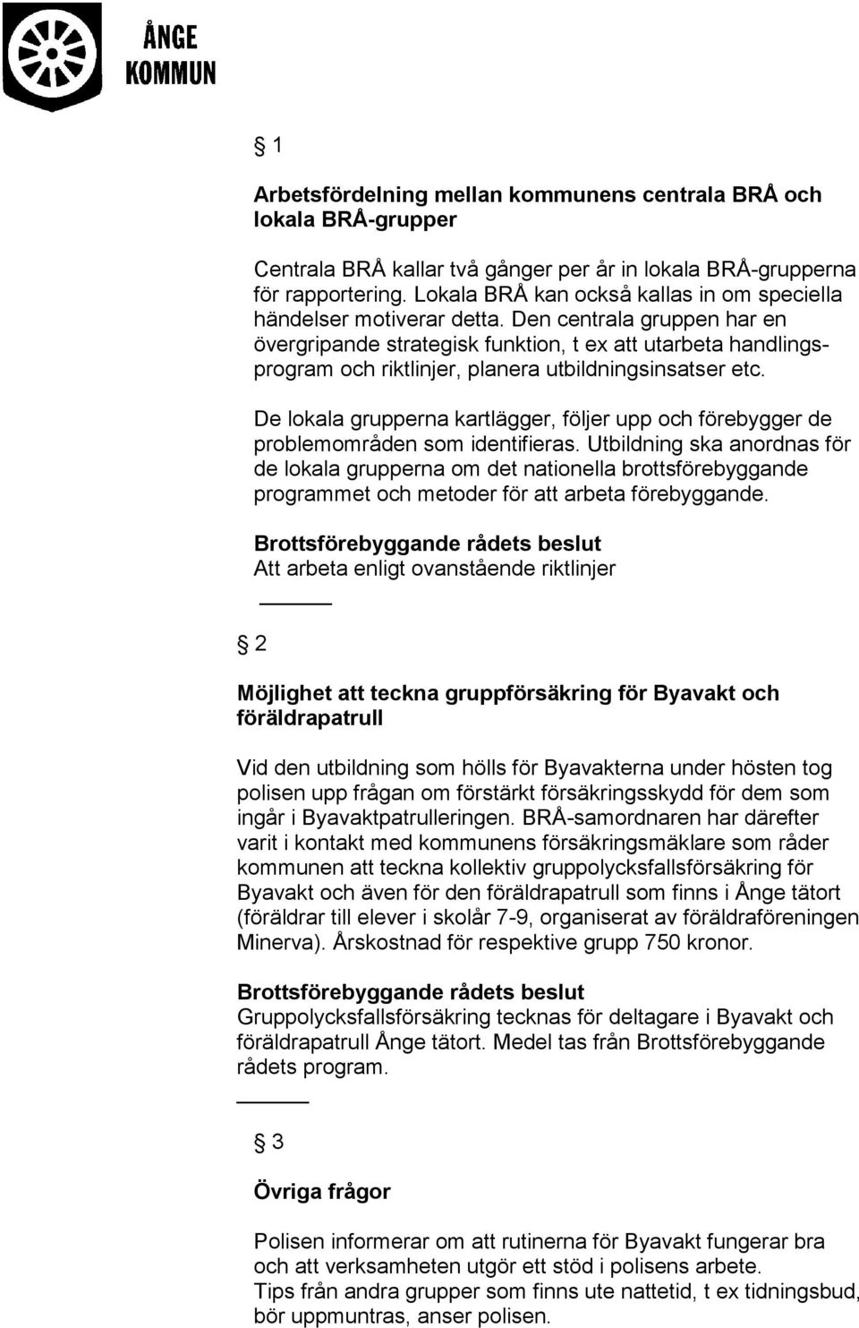 Den centrala gruppen har en övergripande strategisk funktion, t ex att utarbeta handlingsprogram och riktlinjer, planera utbildningsinsatser etc.