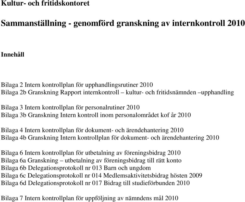 kontrollplan för dokument- och ärendehantering 2010 Bilaga 4b Granskning Intern kontrollplan för dokument- och ärendehantering 2010 Bilaga 6 Intern kontrollplan för utbetalning av föreningsbidrag