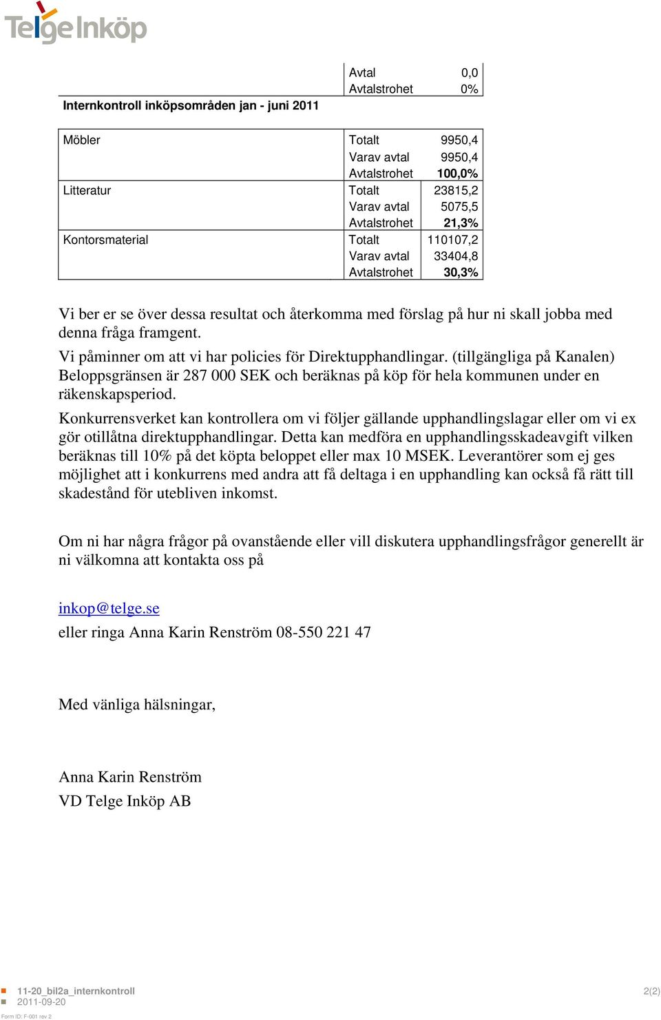 Vi påminner om att vi har policies för Direktupphandlingar. (tillgängliga på Kanalen) Beloppsgränsen är 287 000 SEK och beräknas på köp för hela kommunen under en räkenskapsperiod.