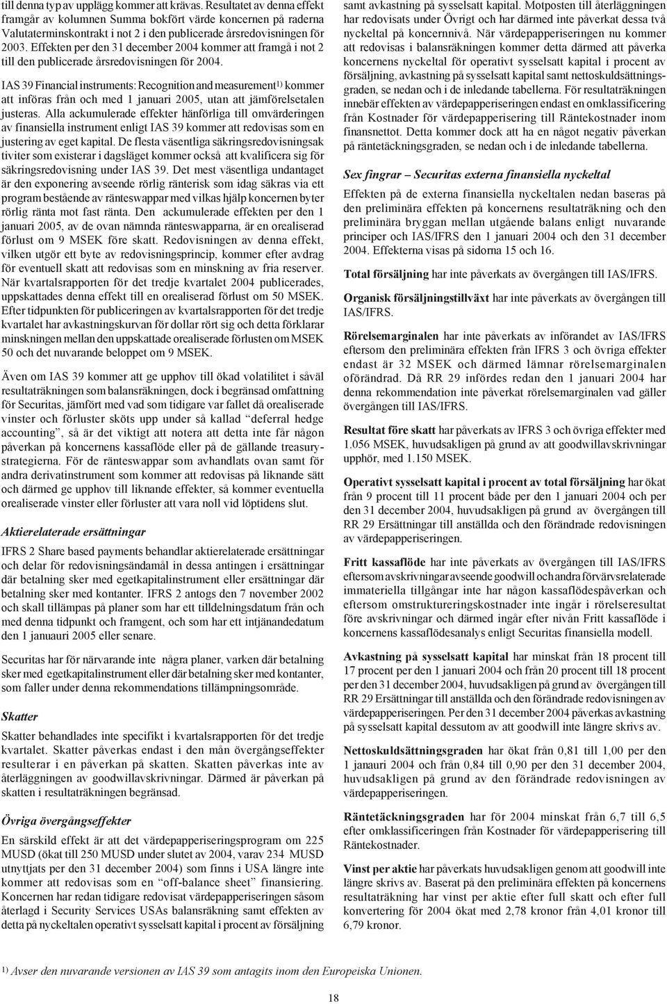 Effekten per den 31 december 2004 kommer att framgå i not 2 till den publicerade årsredovisningen för 2004.