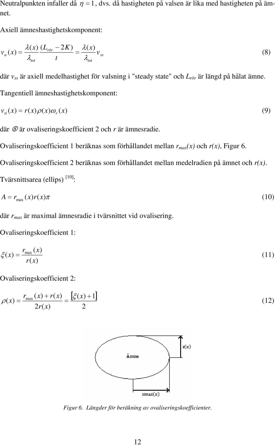 Tangeniell ämneshasigheskomponen: = r ρ ω 9) i r där 8 är oaliseringskoefficien 2 och r är ämnesradie. Oaliseringskoefficien 1 beräknas som förhållande mellan r ma och r, Figur 6.