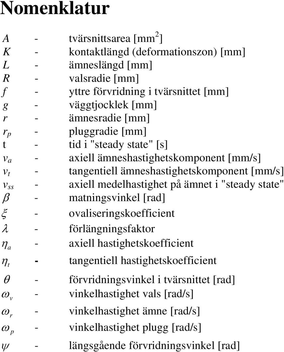 medelhasighe på ämne i "seady sae" β - maningsinkel [rad] ξ - oaliseringskoefficien λ - förlängningsfakor η - aiell hasigheskoefficien a η - angeniell