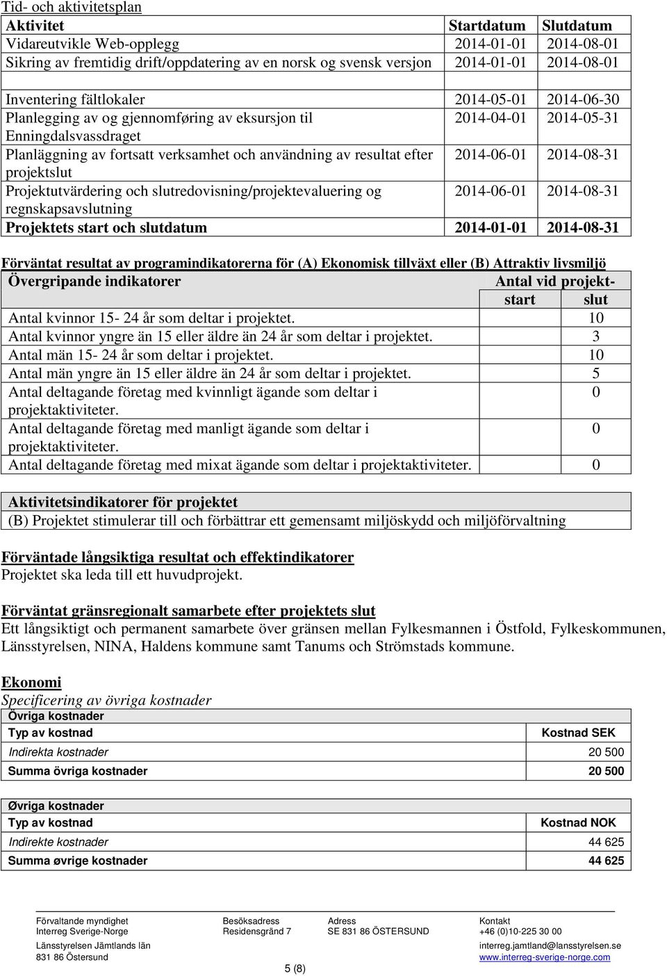 resultat efter 2014-06-01 2014-08-31 projektslut Projektutvärdering och slutredovisning/projektevaluering og 2014-06-01 2014-08-31 regnskapsavslutning Projektets start och slutdatum 2014-01-01