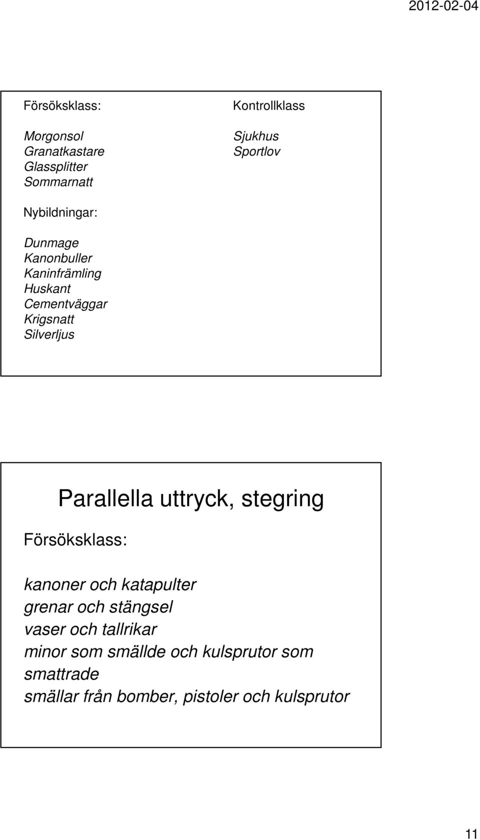 Parallella uttryck, stegring Försöksklass: kanoner och katapulter grenar och stängsel vaser och