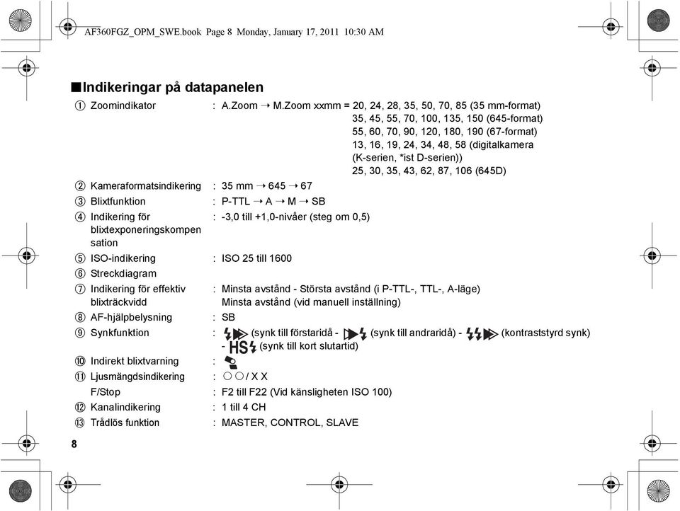 D-serien)) 25, 30, 35, 43, 62, 87, 106 (645D) Kameraformatsindikering : 35 mm 645 67 Blixtfunktion : P-TTL A M SB Indikering för : -3,0 till +1,0-nivåer (steg om 0,5) blixtexponeringskompen sation