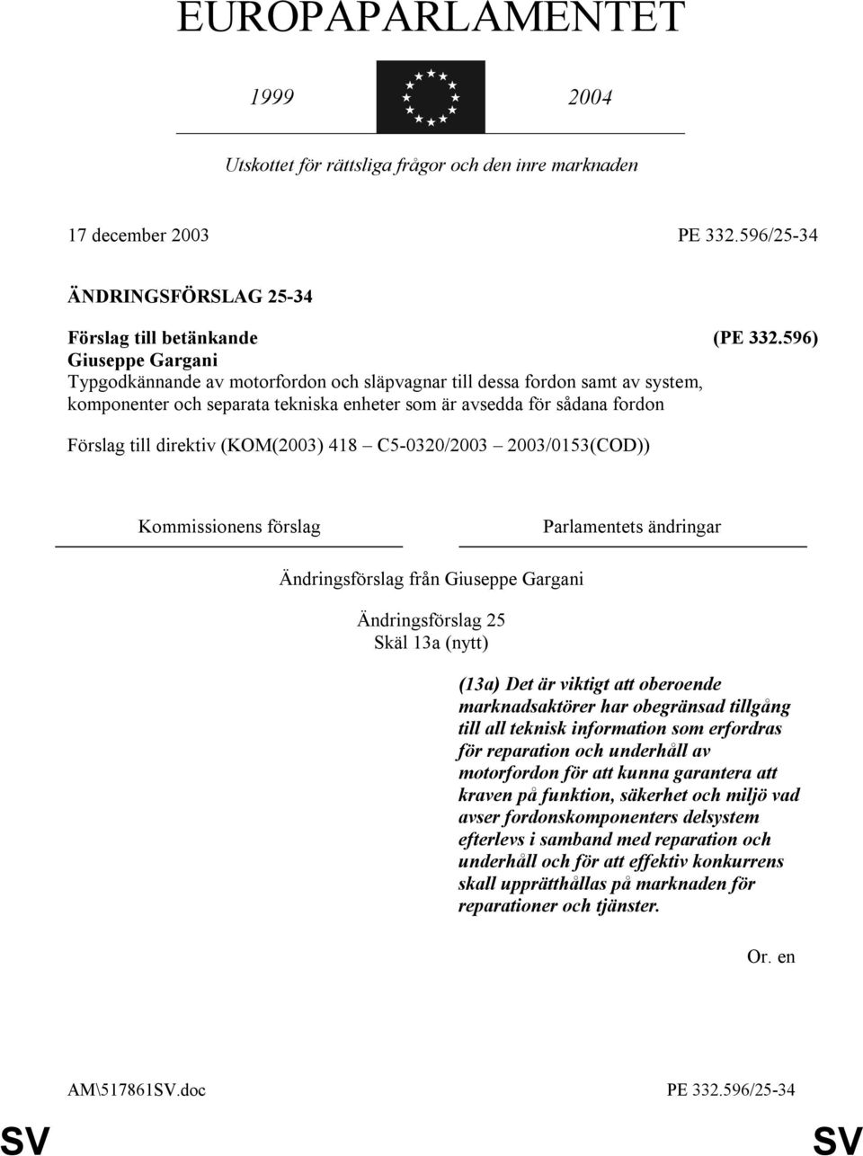 (KOM(2003) 418 C5-0320/2003 2003/0153(COD)) Kommissionens förslag Parlamentets ändringar Ändringsförslag från Giuseppe Gargani Ändringsförslag 25 Skäl 13a (nytt) (13a) Det är viktigt att oberoende