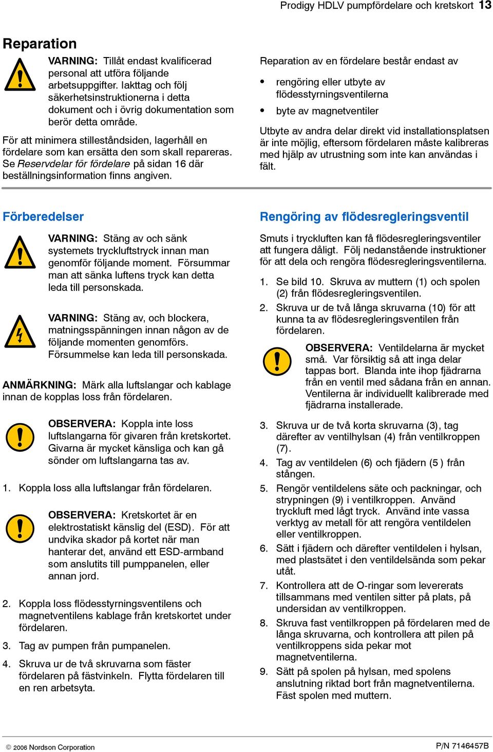 För att minimera stilleståndsiden, lagerhåll en fördelare som kan ersätta den som skall repareras. Se Reservdelar för fördelare på sidan 6 där beställningsinformation finns angiven.