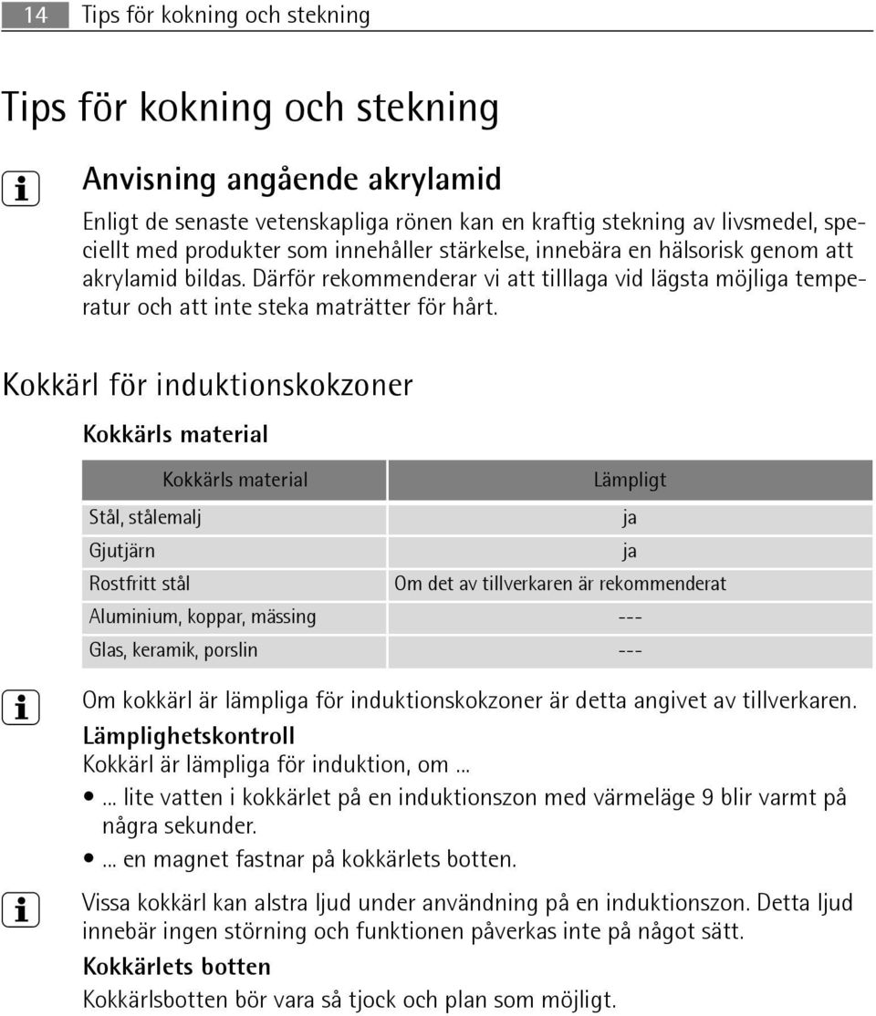 Kokkärl för induktionskokzoner Kokkärls material Kokkärls material Lämpligt Stål, stålemalj ja Gjutjärn ja Rostfritt stål Om det av tillverkaren är rekommenderat Aluminium, koppar, mässing --- Glas,